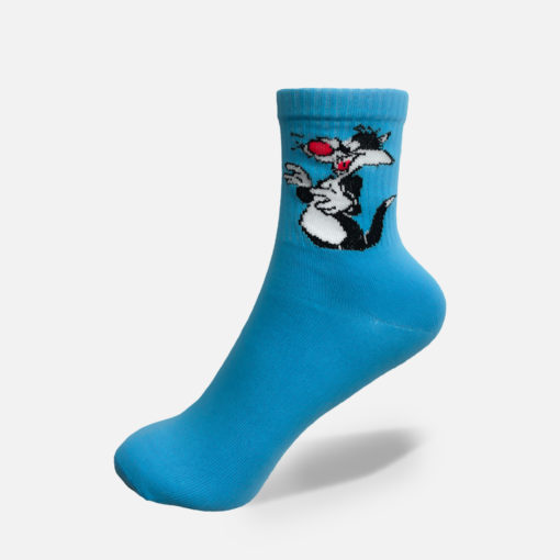 Hohe Baumwollsocken in blau mit Katzen Motiv