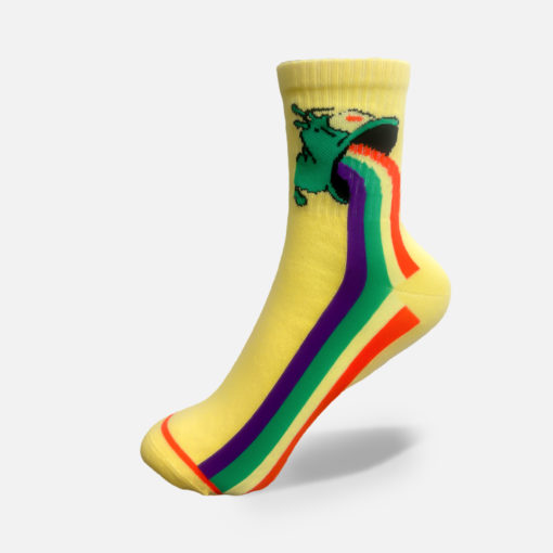 Hohe Baumwollsocken in gelb mit Tier und Regenbogen Motiv