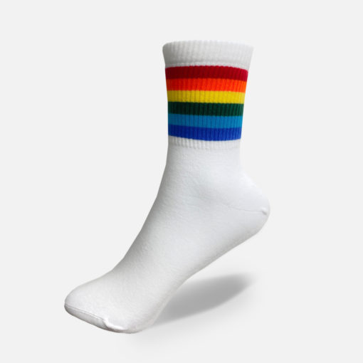 Hohe Baumwollsocken in weiss mit bunten Streifen